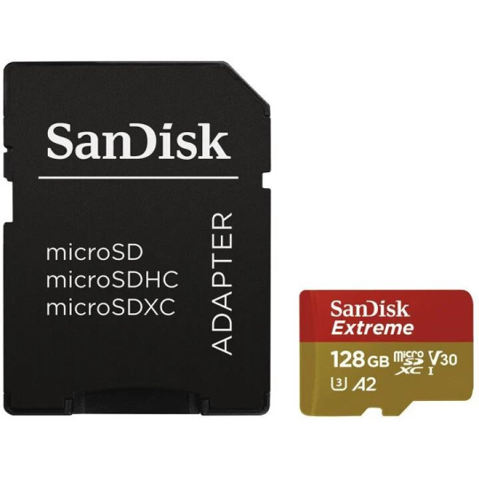 SanDisk micro SDXC karta 128GB Extreme Action Cams and Drones (190 MB/s Class 10, UHS-I U3 V30) + adaptér