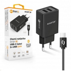 Aligator síťová nabíječka, 2x USB, kabel USB-C 2A, smart IC, 2,4 A, černá