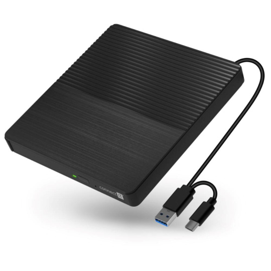 CONNECT IT Externí mechanika CD/DVD 3v1 SlimDrive, čtečka MicroSD/SD, 2xUSB, USB-A/USB-C, černá CONNECT IT Externí mechanika CD/DVD 3v1 SlimDrive, čtečka MicroSD/SD, 2xUSB, USB-A/USB-C, černá