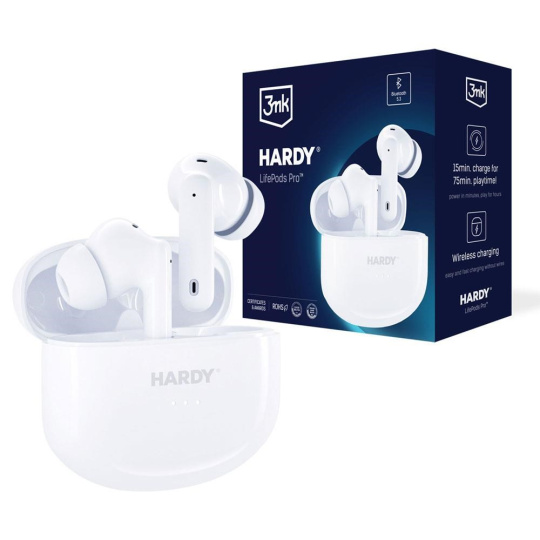 3mk bezdrátová stereo sluchátka HARDY LifePods Pro, stereo, nabíjecí pouzdro, bílá