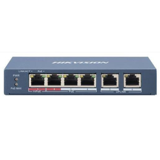 HIKVISION DS-3E0106HP-E switch 1x 100TX HI-PoE + 3x 100TX PoE; 2x 100TX uplink, 60W, Super PoE