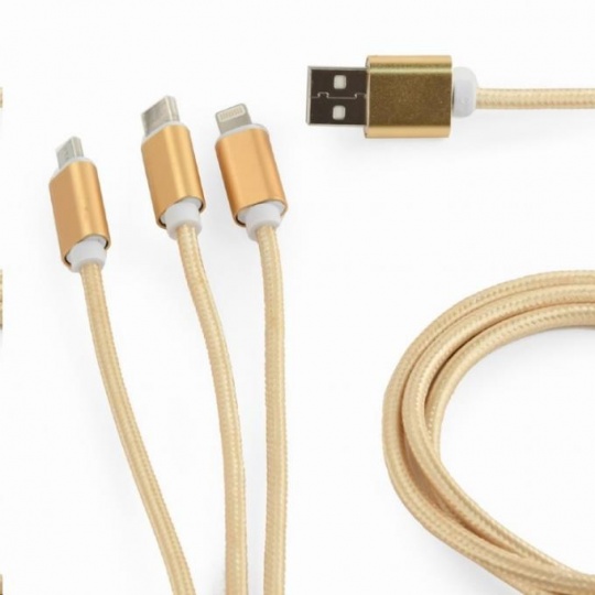 GEMBIRD Kabel USB A Male/Micro B + Type-C + Lightning, 1m, opletený, zlatý, blister