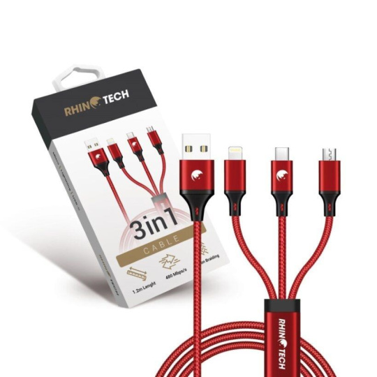 RhinoTech nabíjecí a datový kabel 3v1 USB-A (MicroUSB + Lightning + USB-C) 1,2m červená RhinoTech nabíjecí a datový kabel 3v1 USB-A (MicroUSB + Lightning + USB-C) 1,2m červená